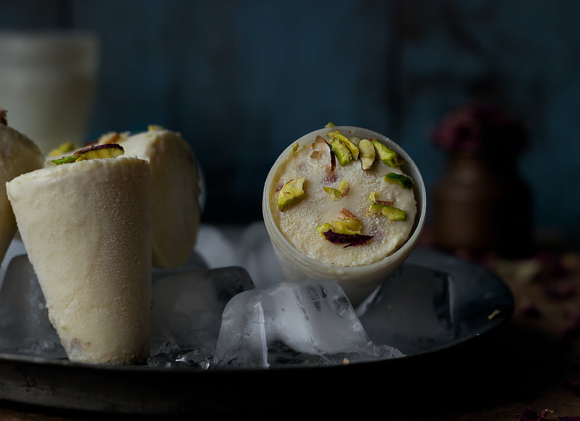 Creamy Homemade Malai Kulfi garnished with crushed pistachios