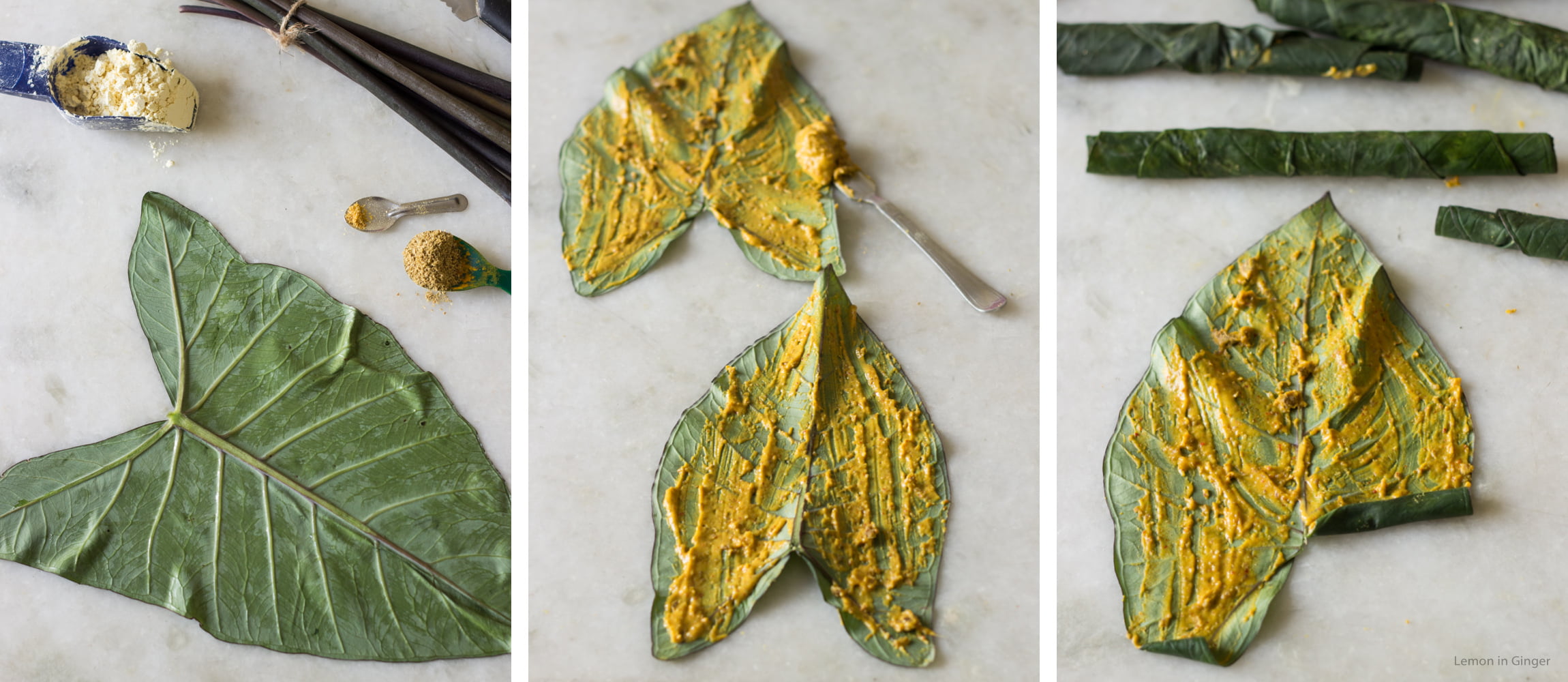 Colocasia leaves being coated with spiced gram flour batter