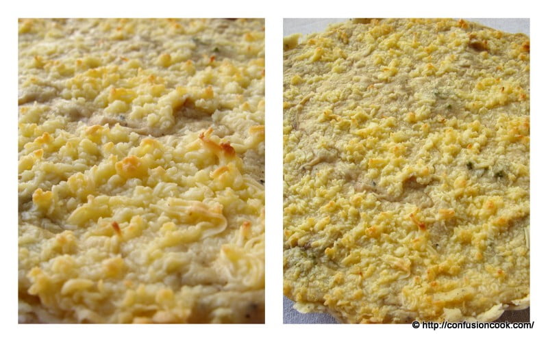 A close-up of the eggless quiche crust, showing its flaky and golden texture