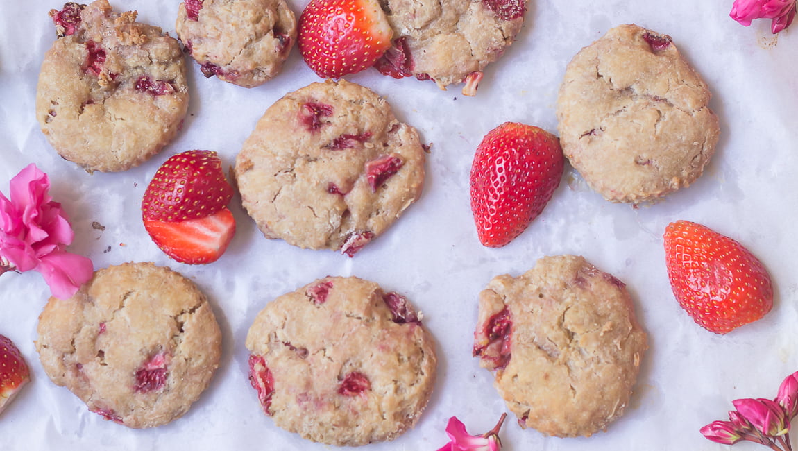 A close-up of the crumbly texture of a strawberry shortcake scone