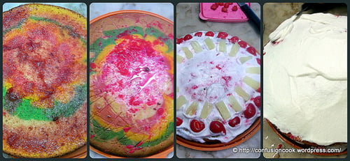 Spreading frosting on the Eggless Rainbow Pineapple Cake