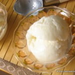 Close-up of tender coconut ice cream in a bowl, topped with fresh coconut pieces