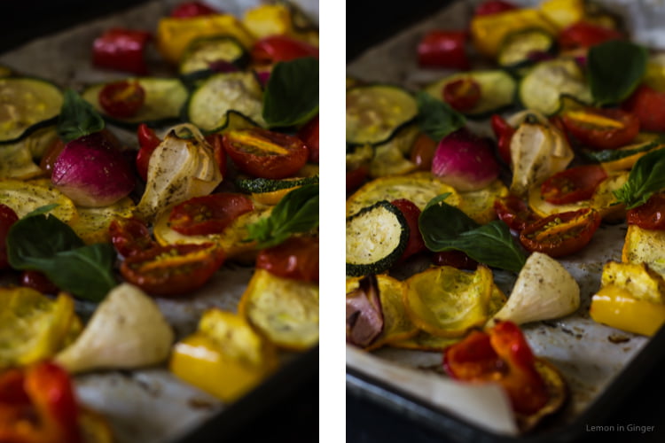 Close-up of roasted carrots, zucchini, and broccoli with charred edges