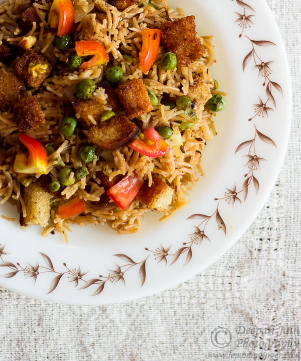 Bowl of Namkeen Seviyan (Vermicelli Upma) made with healthy veggies
