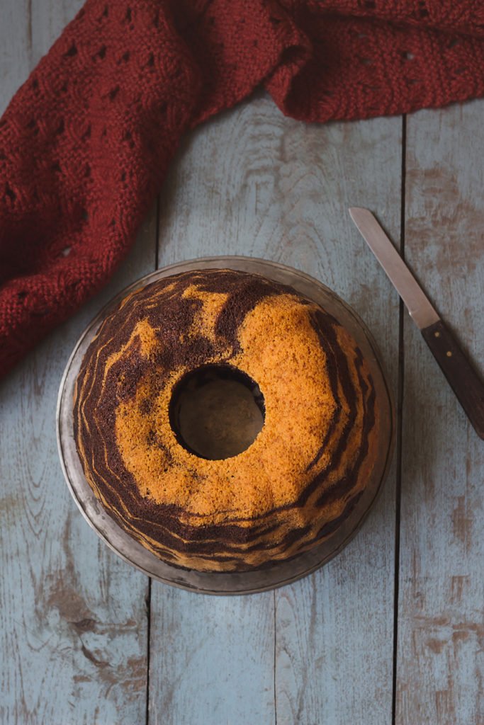 Freshly baked Chocolate Zebra Cake cooling on a wire rack
