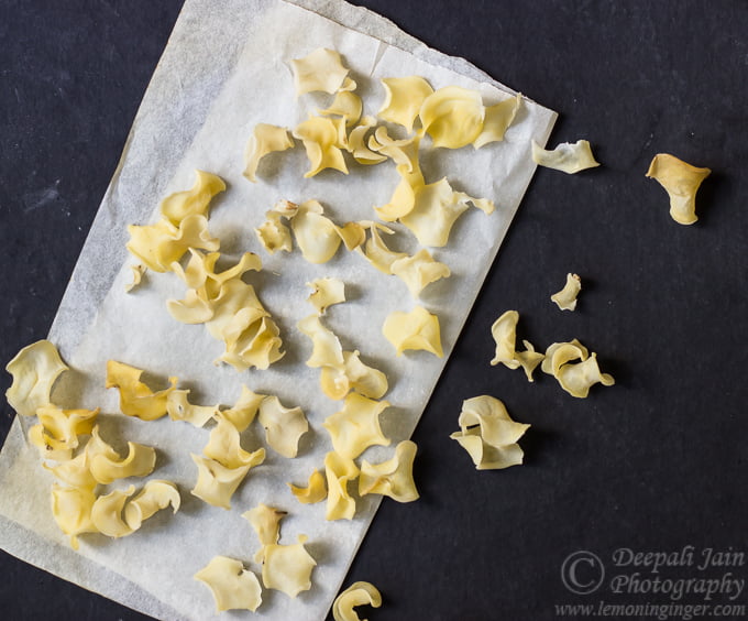 Close-up view of dried potato slices, ready to fry
