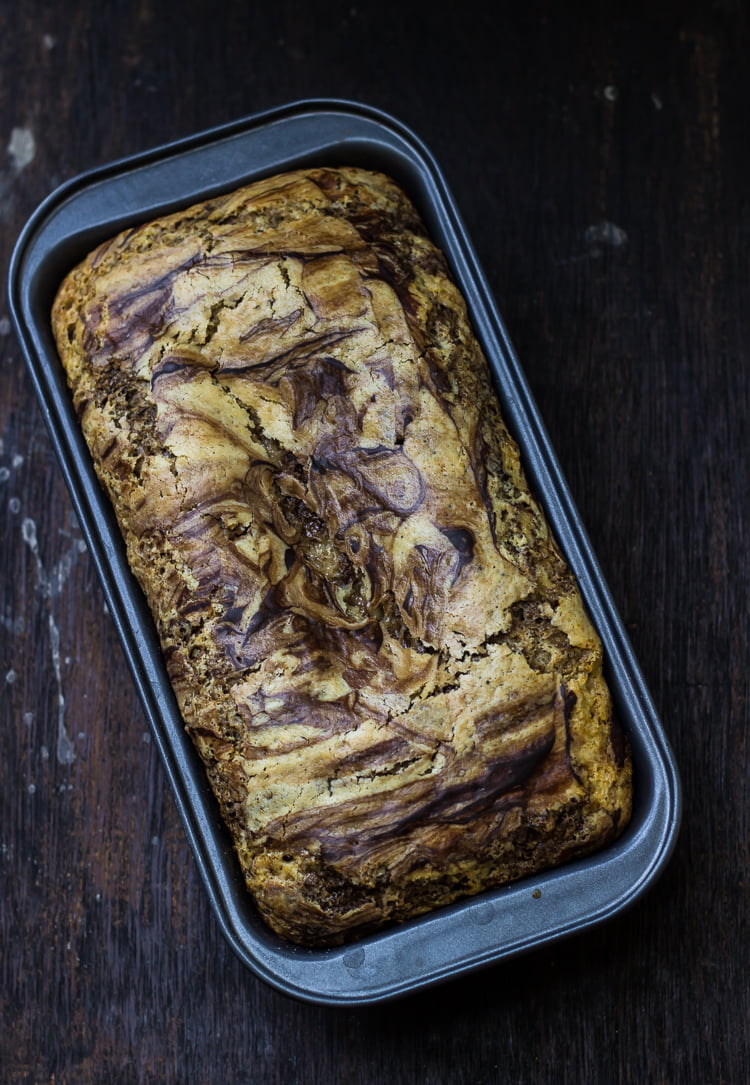 Close-up of the marbled swirl pattern on the Eggless Chocolate Vanilla Swirl Cake