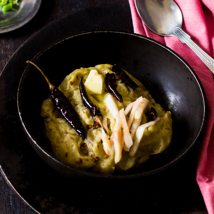 Tempting Raw Banana ki Kachri topped with fried red chillies