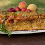 Peach and plum upside-down cake with a rich, golden caramel layer