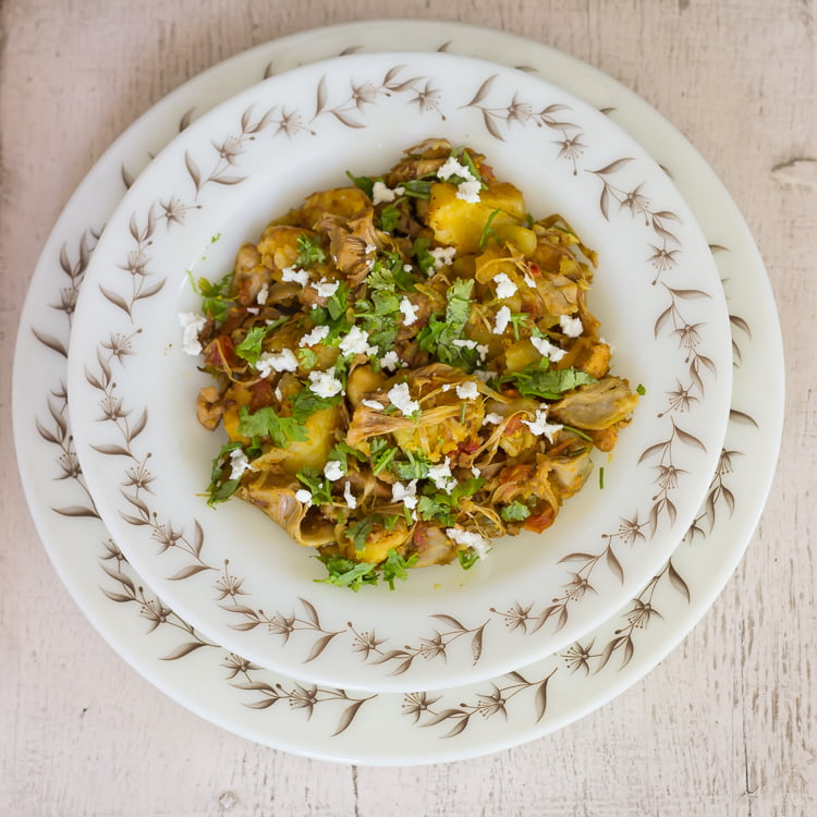 Kathal ki Sabji laid searved on a plate