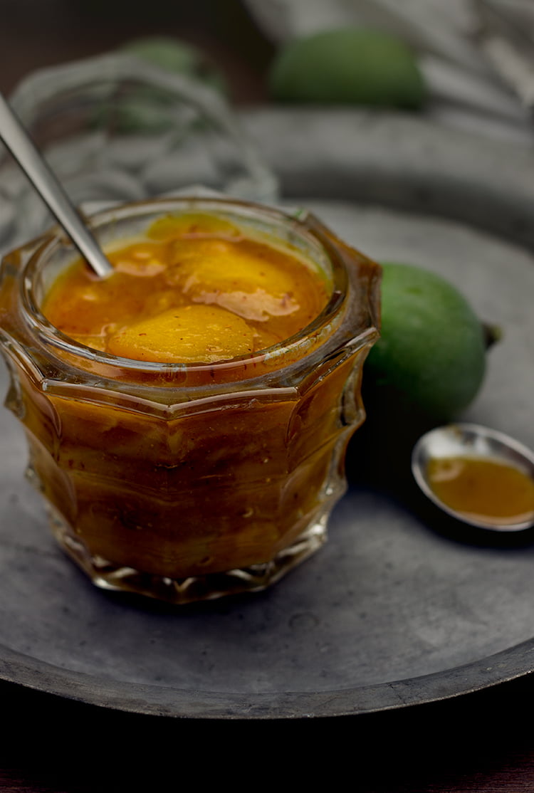 Close-up shot of thick and smooth Aamras, showcasing its vibrant yellow color