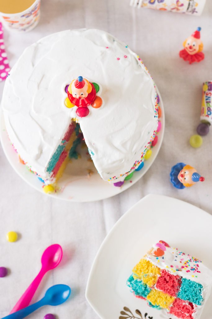 Top view of the Rainbow Checkerboard Cake, showcasing the intricate pattern