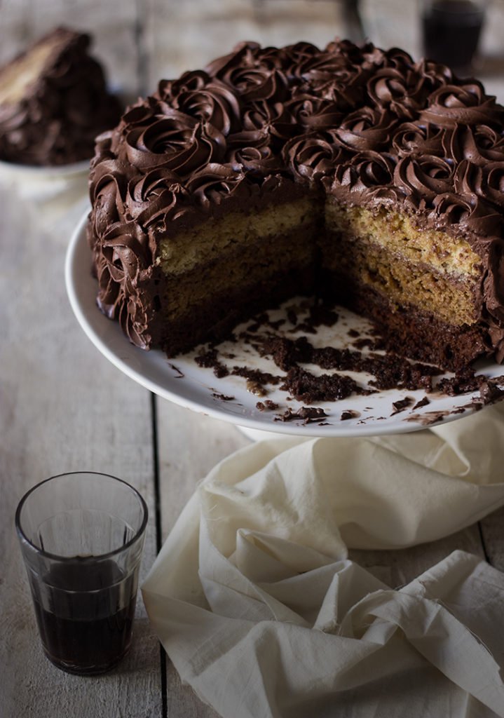 A slice of Tiramisu Cake showing the contrast between the dark chocolate and light cream layers