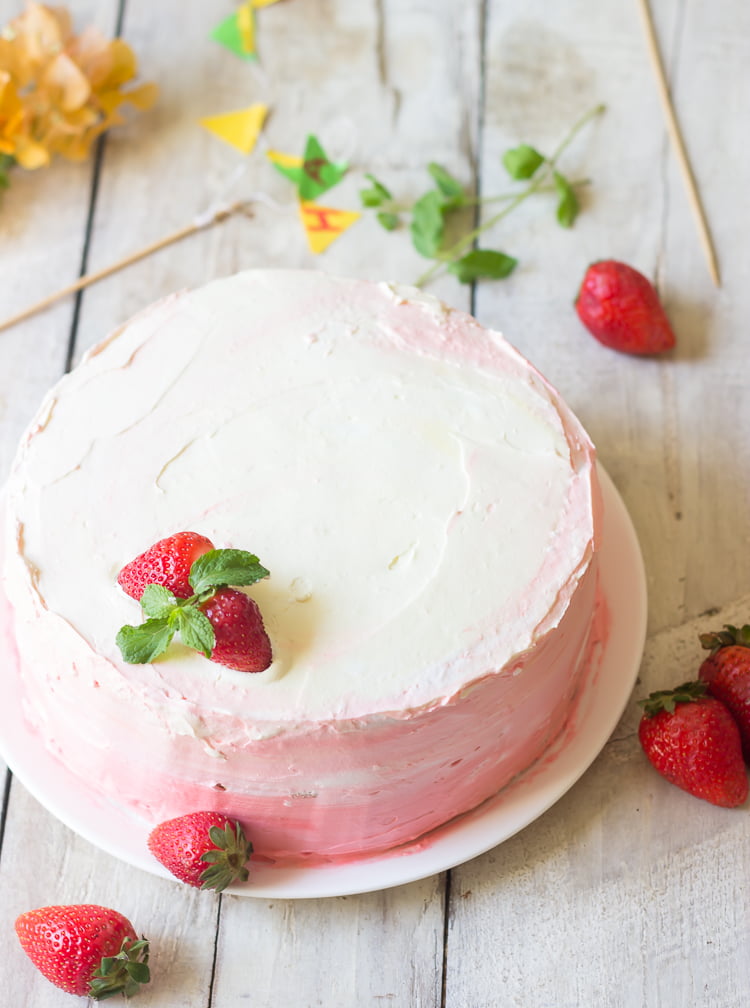 Top view of the Eggless Strawberry Ombre Cake showing gradient pink layers