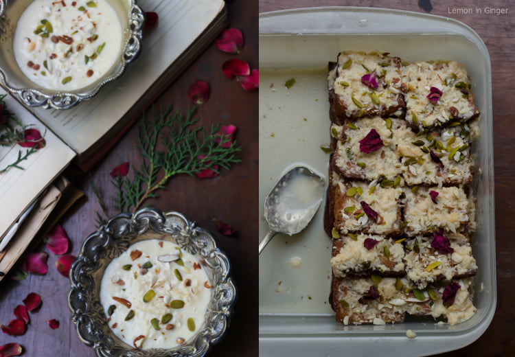 A tray of Shahi Tukda garnished with saffron strands and dry fruits