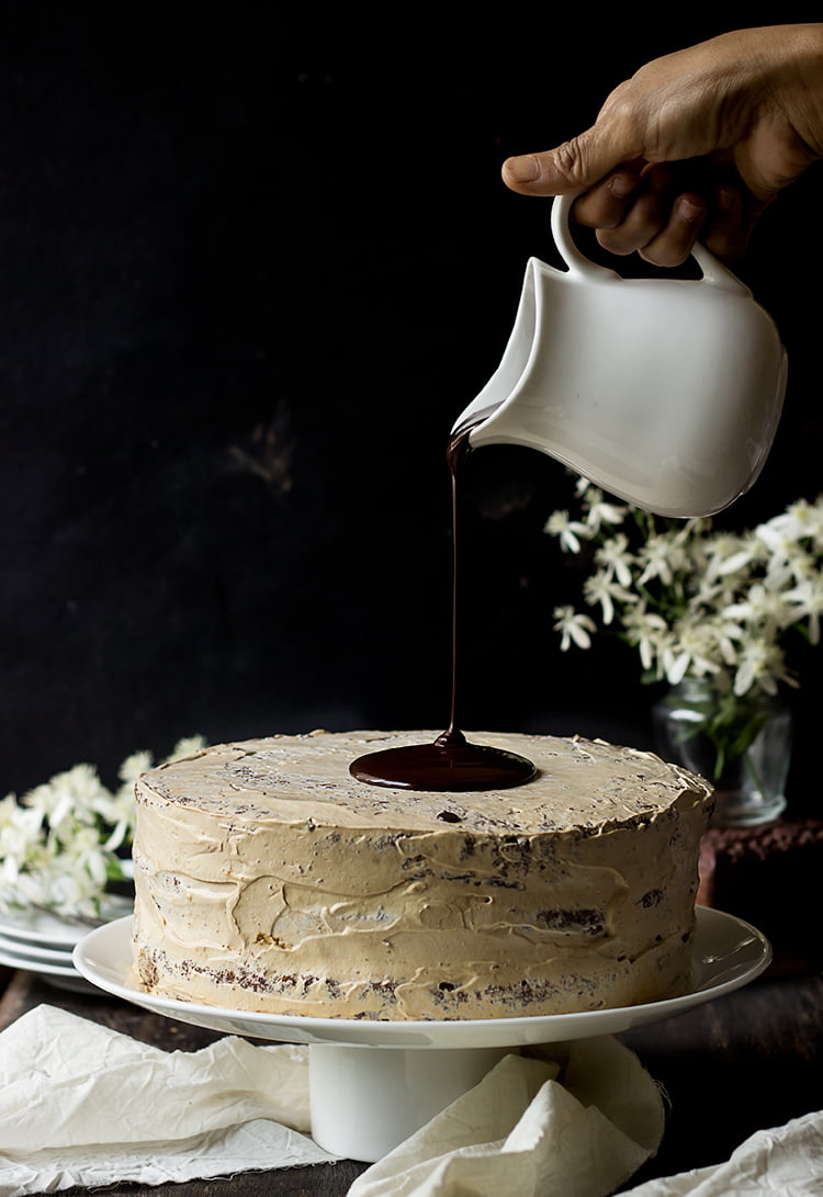 Close-up of Eggless Chocolate Mocha Cake showing the rich, moist crumb