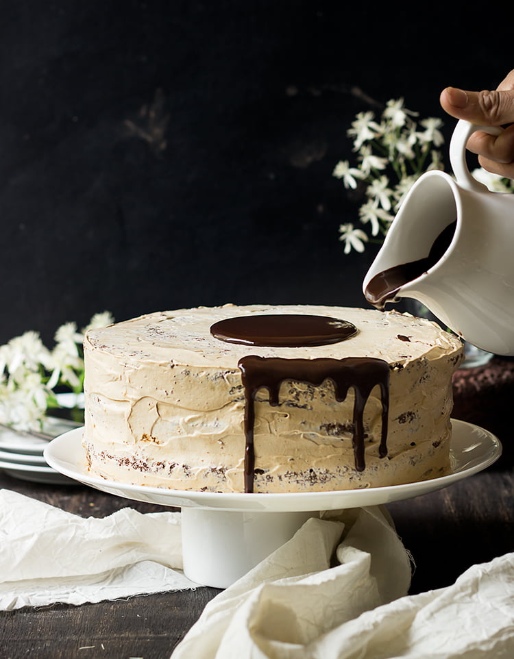 Eggless Chocolate Mocha Cake with a shiny chocolate glaze and mocha aroma