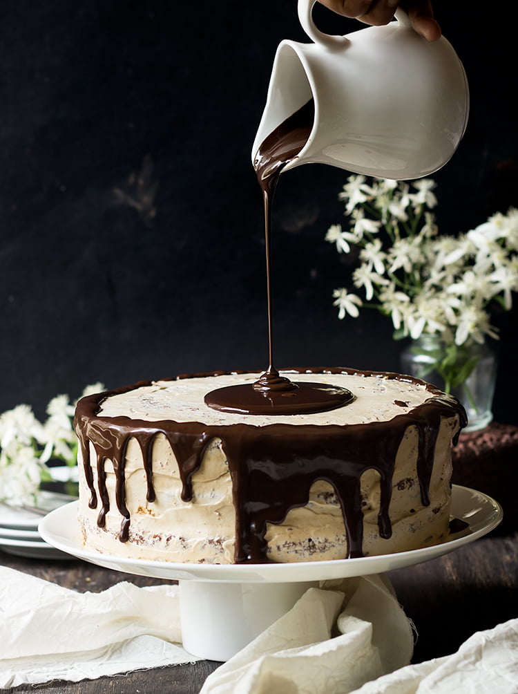 Eggless Chocolate Mocha Cake on a rustic wooden table