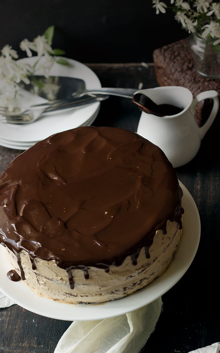 Eggless Chocolate Mocha Cake with a glossy chocolate ganache layer