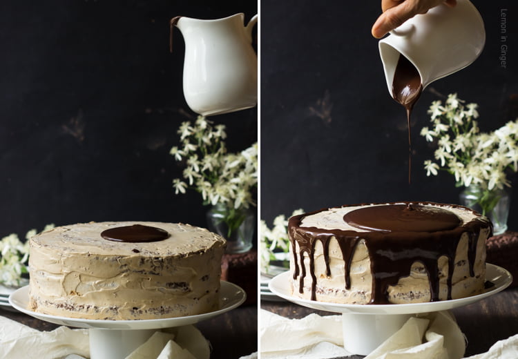 A hand pouring mocha syrup on the top of Eggless Chocolate Mocha Cake