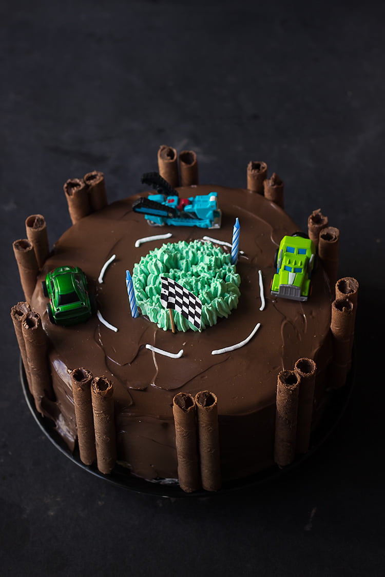 A close-view of race track cake made at home