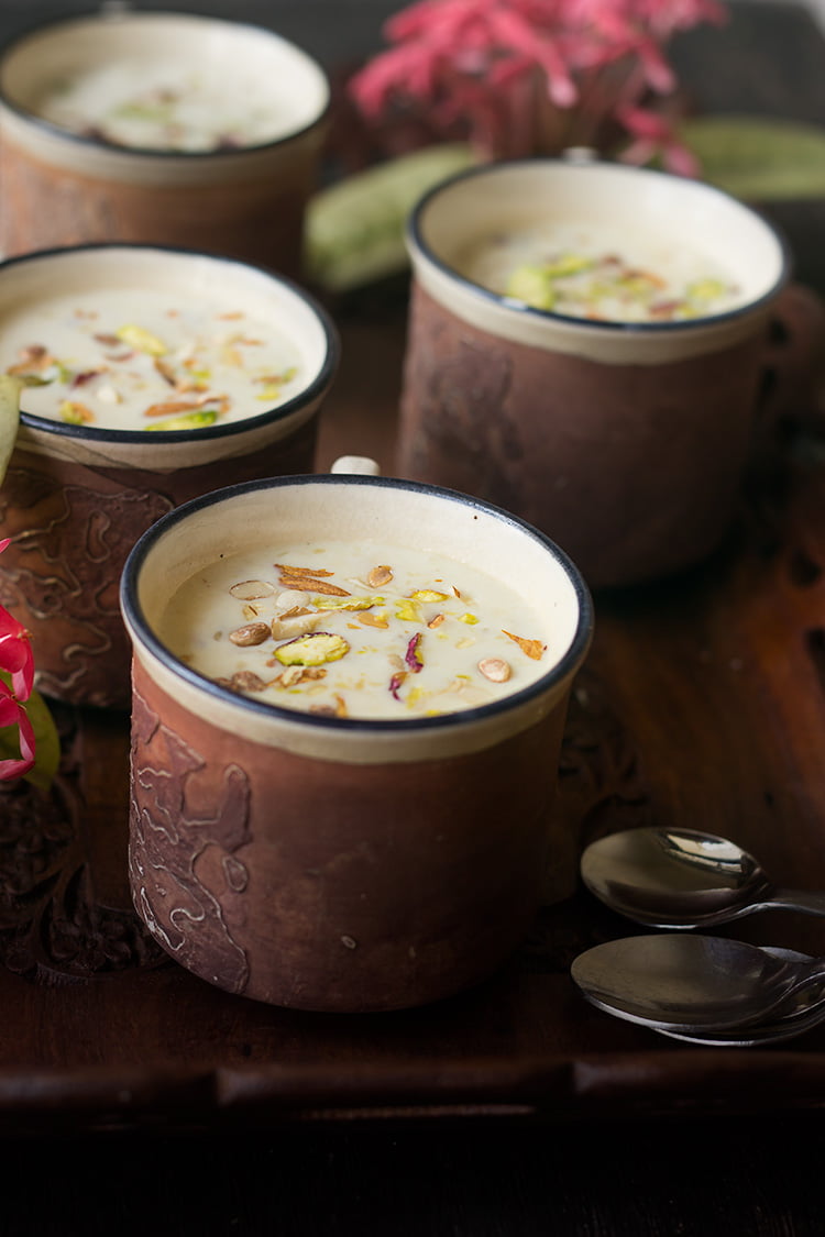 Jaggery Rice Pudding served in a cup ready to enjoy with family