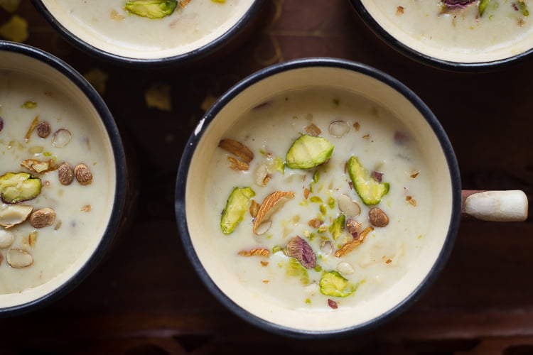 Gur ki Kheer  in a cup showing the thick, creamy texture