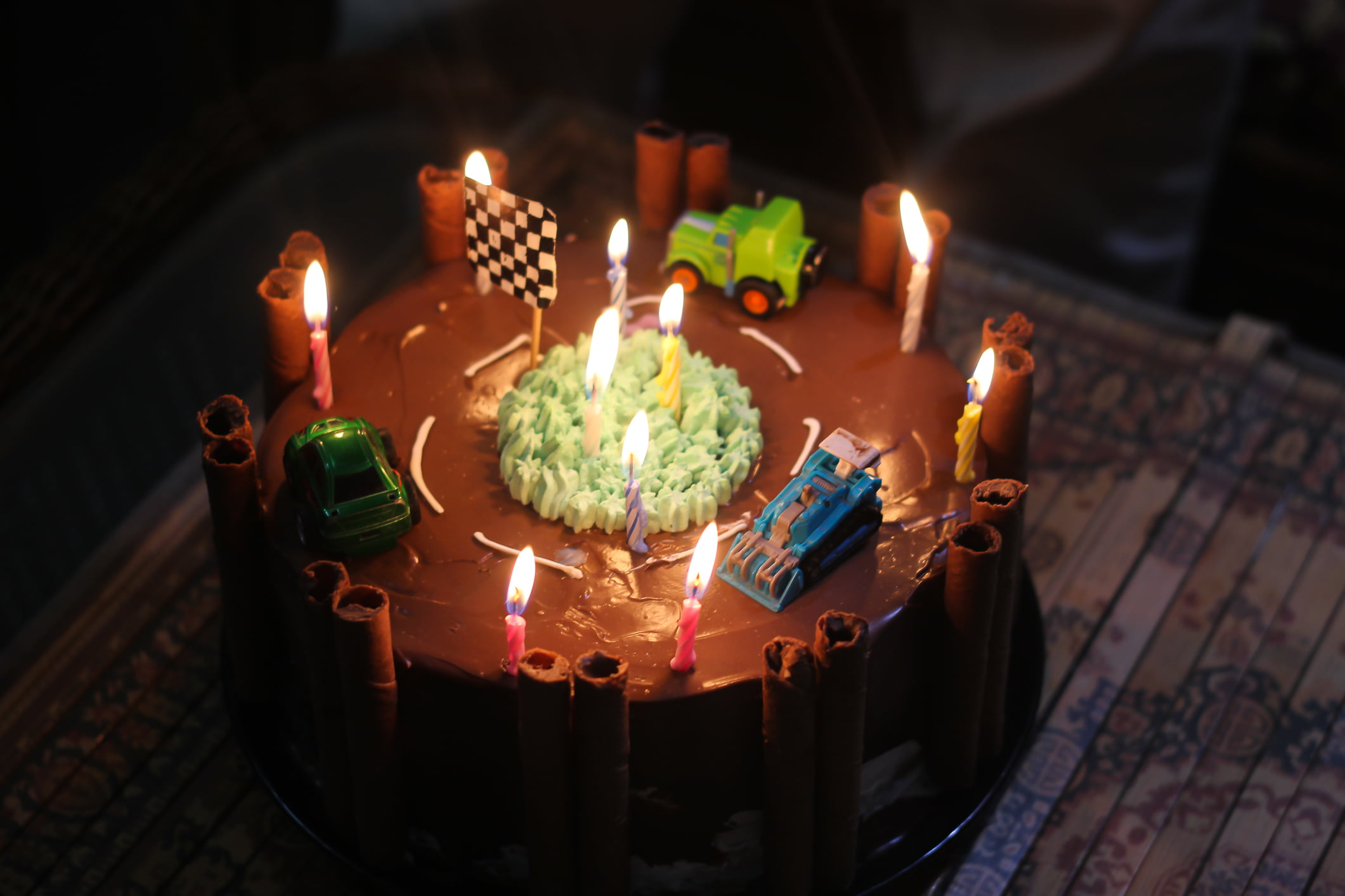 Homemade race track cake, ready to celebrate a birthday