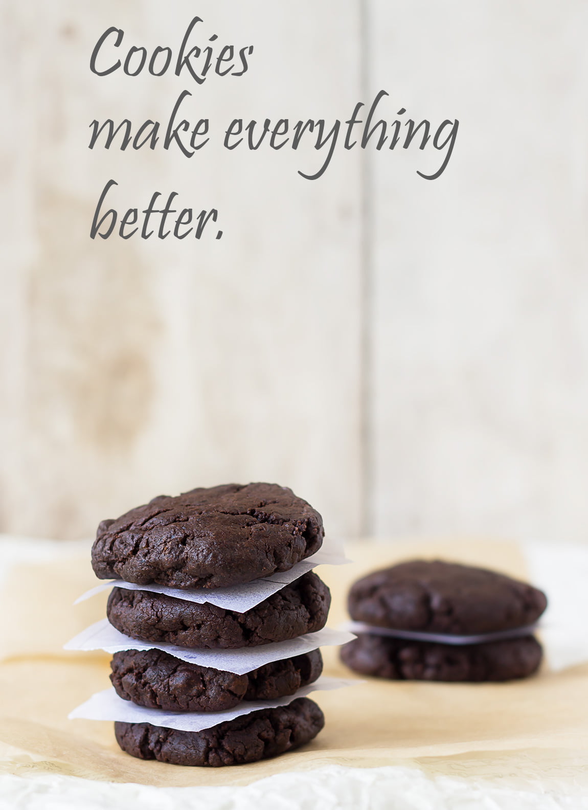 A plate with freshly baked double chocolate chip cookies cooling down