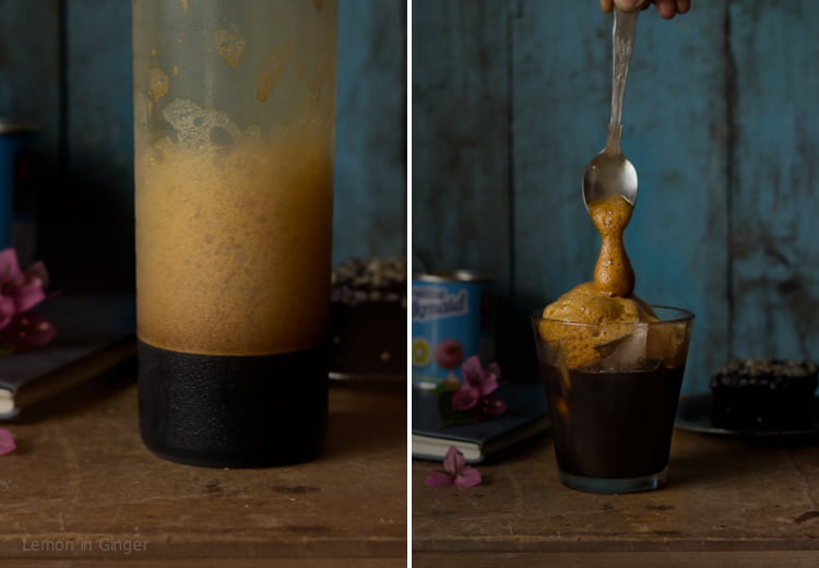 Close-up of Greek frappe with ice cubes and foam