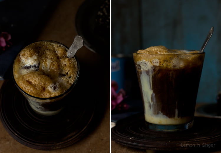Greek frappe with foam overflowing from the top of the glass