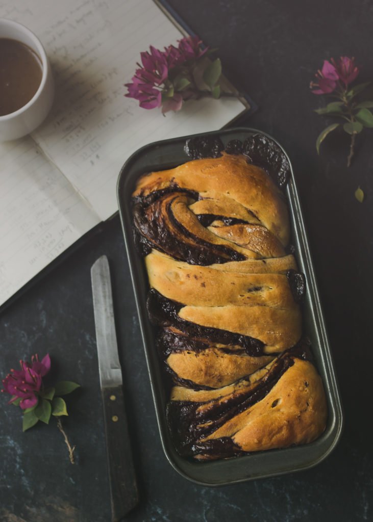 Close-up of a freshly baked Chocolate Babka with swirled layers of chocolate