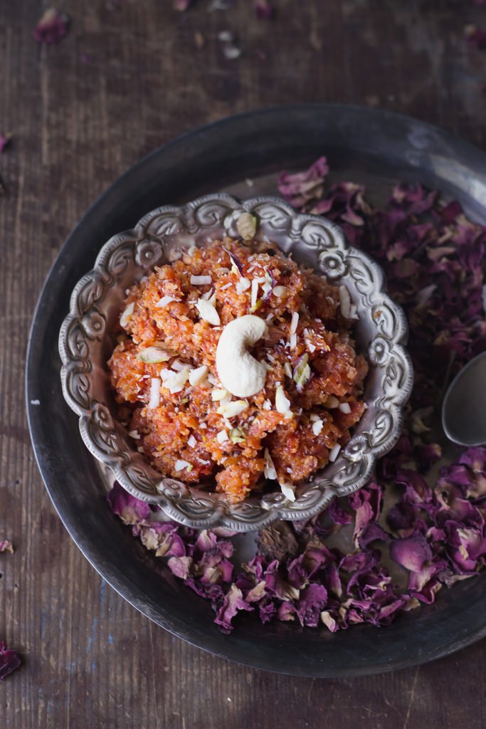 Close-up shot of the rich, creamy texture of Gajar ka Halwa, with visible carrot strands and nuts