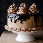 Homemade eggless coffee whiskey cake topped with chocolate chips
