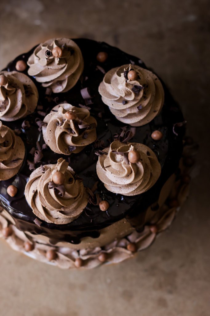 Homemade eggless coffee whiskey cake topped with chocolate chips