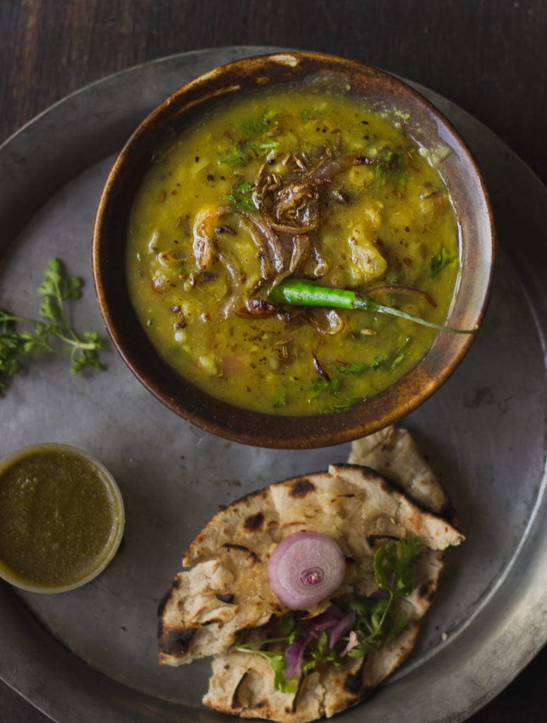 Panchmel Dal served with roti on a traditional Rajasthani thali