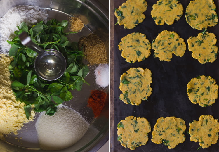 Uncooked Makka Methi Bhakri on a board, ready to be cooked