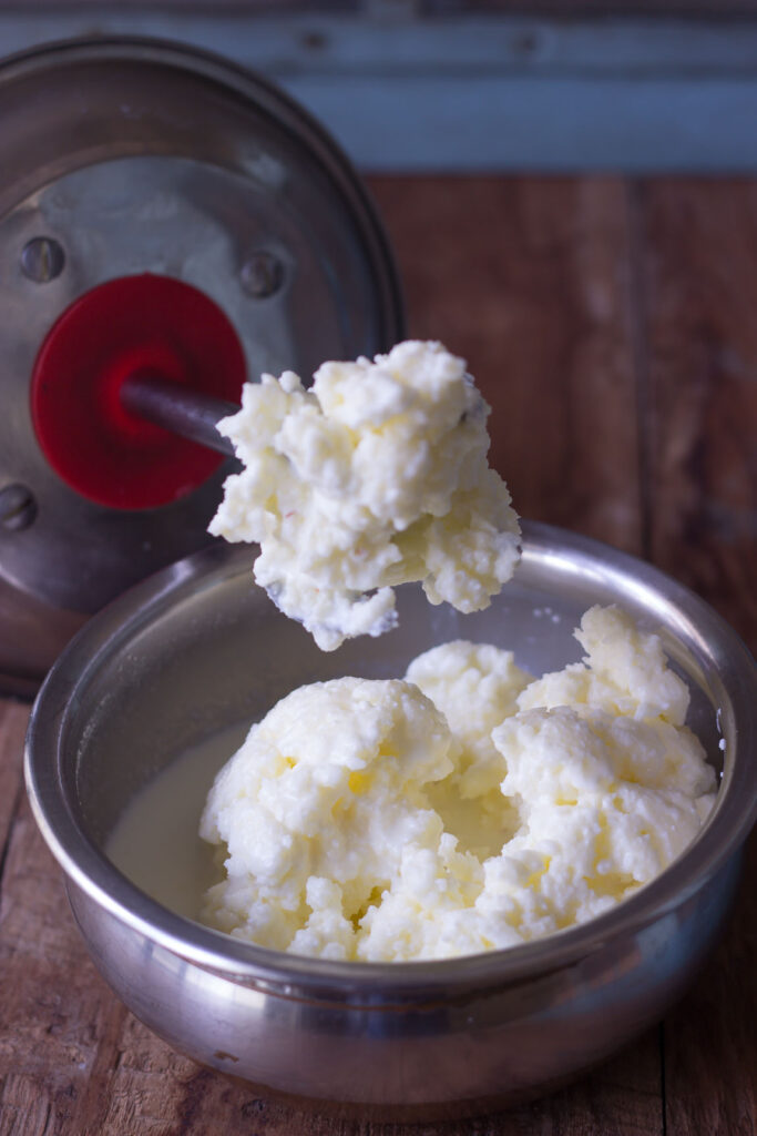 White butter separated from the butter milk