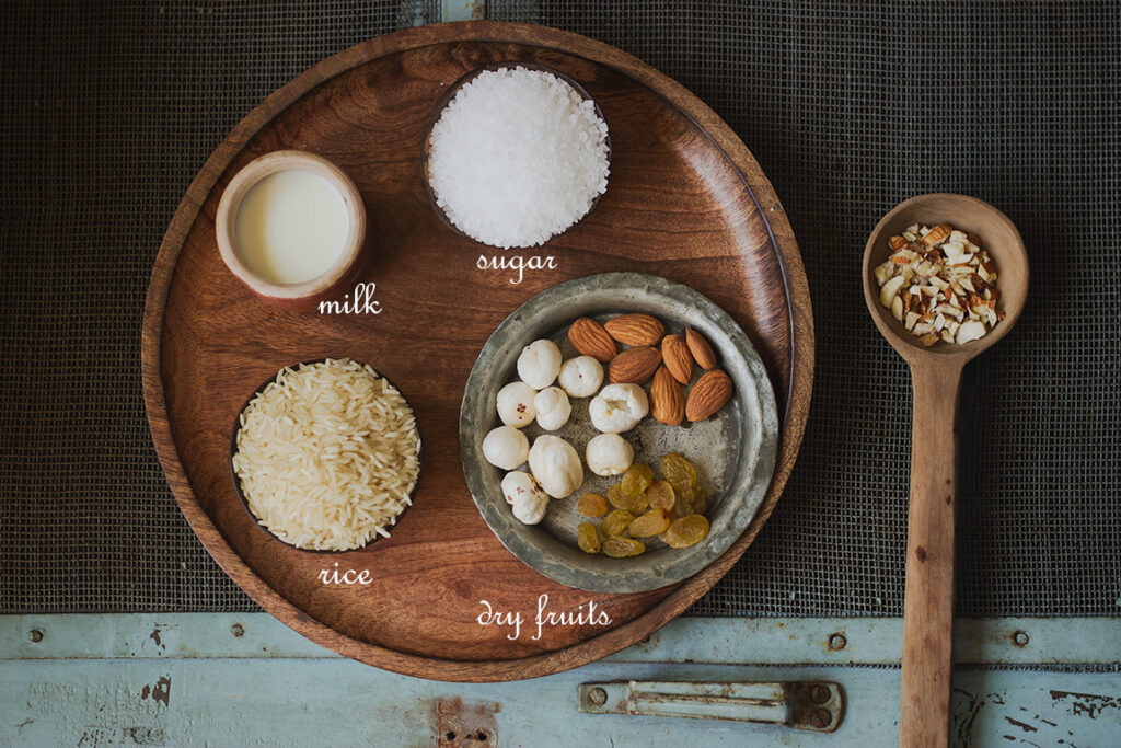 Ingredients placed in plate to make rice kheer