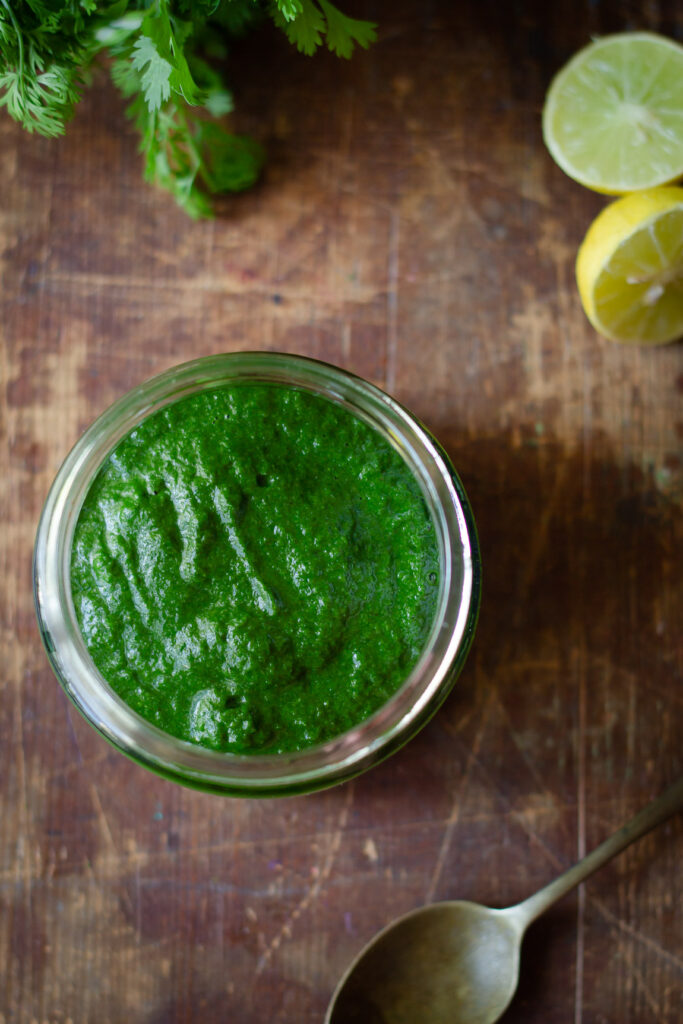 Top view of green mint coriander chutney ready to enjoy
