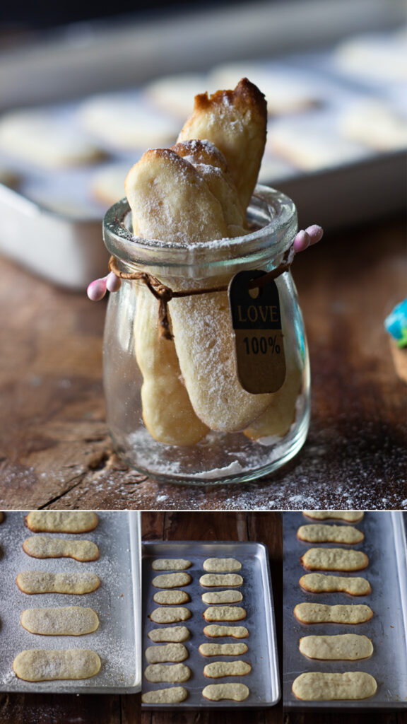 Eggless Savoiardi biscuit on a baking tray