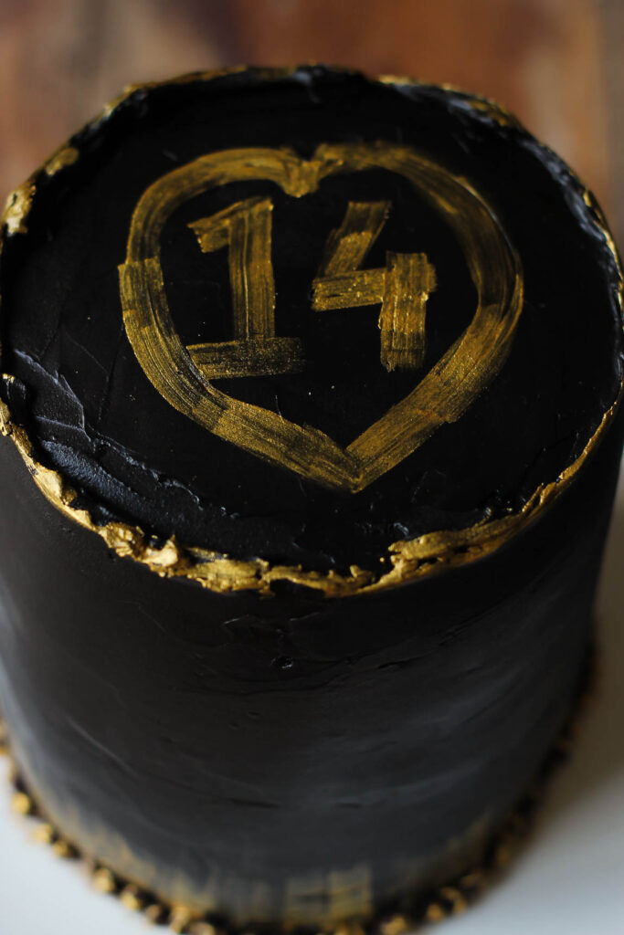 Black and Gold Chocolate Ganache Cake revealing rich, moist layers inside