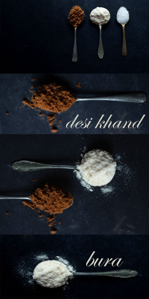 Visual explanation of the differences between Desi Khand, Bura, Shakkar, and Cheeni