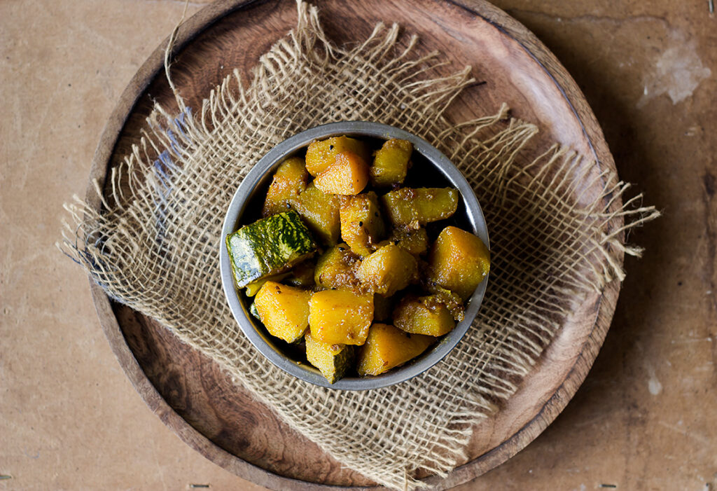 Close-up of sweet and sour pumpkin curry with a rich, flavorful taste