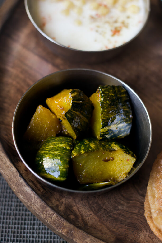 Khatta meetha kaddu served in a bowl