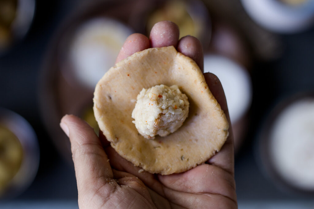 Bedmi Puri in making with the ural dal stuffing