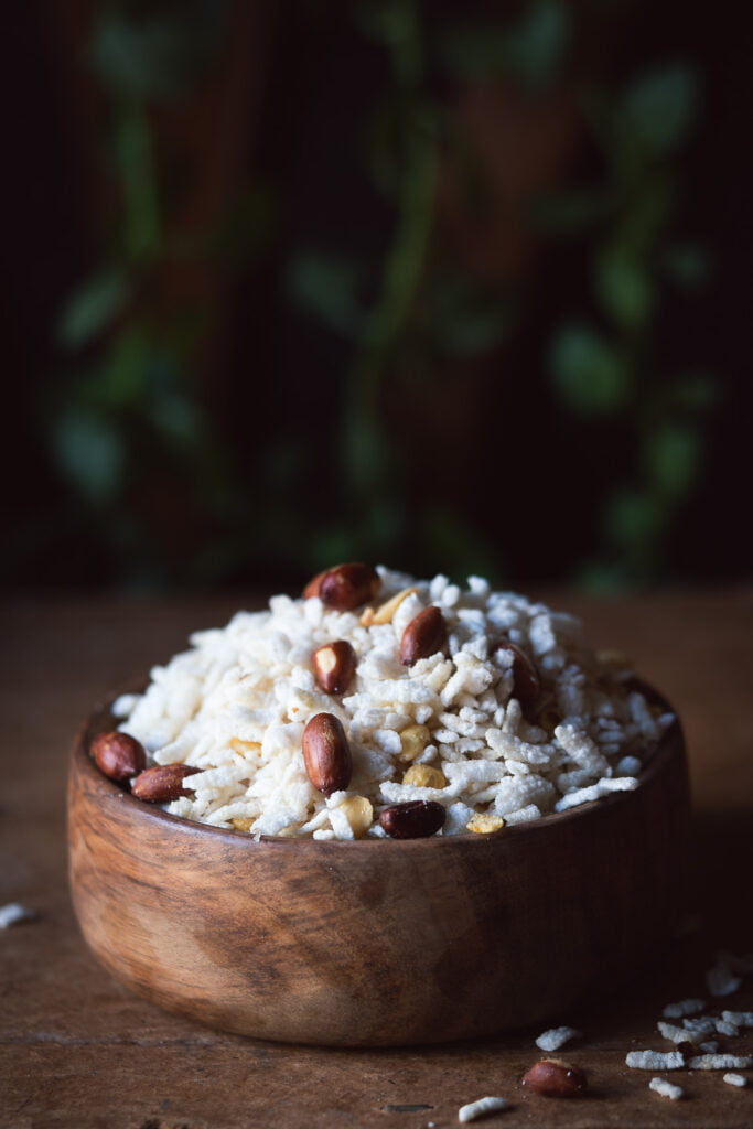 Close-up view of Poha Chivda Namkeen, highlighting the mix of flattened rice, spices, and roasted nuts