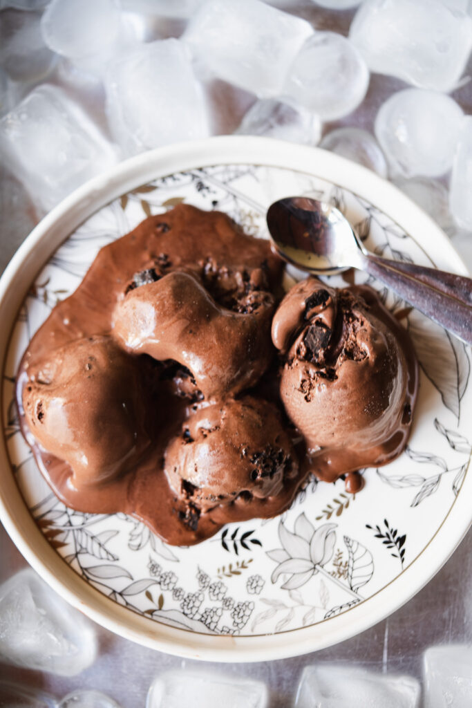 Top view of chocolate ice cream with chocolate shavings and mint leaves