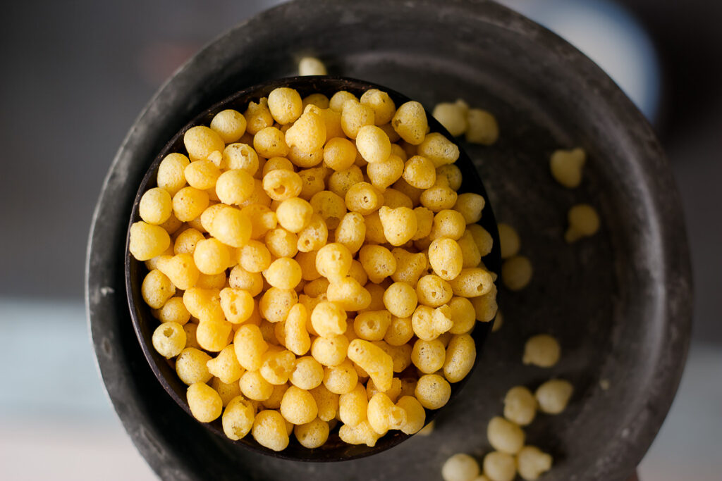 A bowl full of boondi to make boondi ka raita